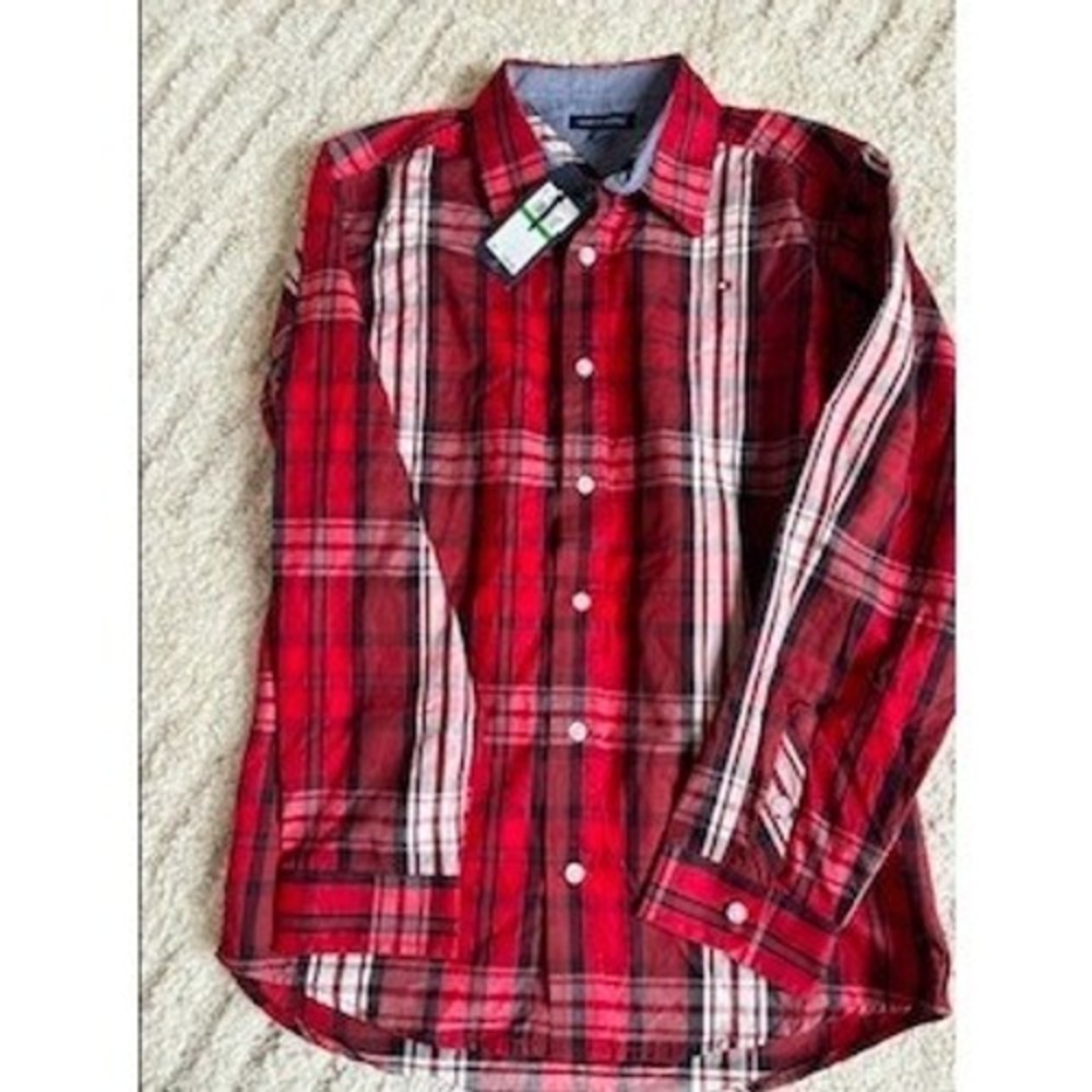 Tommy Hilfiger Boys Red Plaid Button Down Shirt Long Sleeve Size L 14-16 NWT